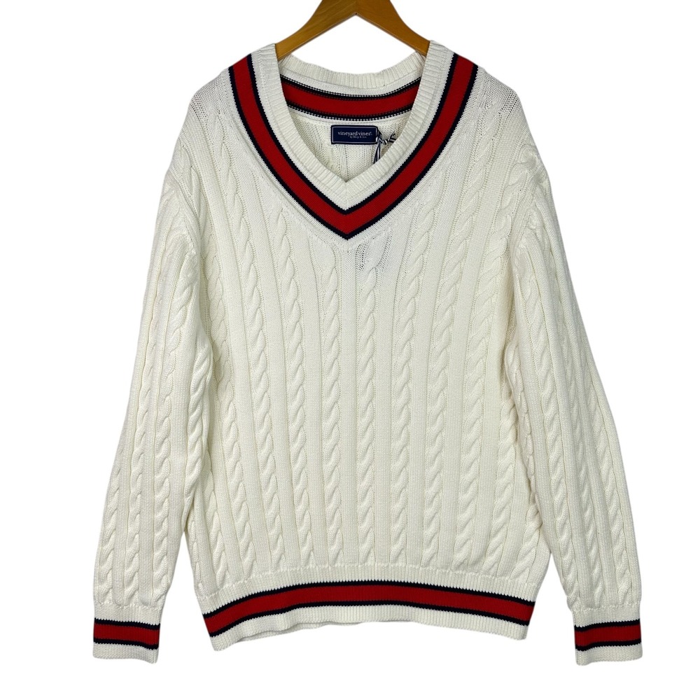 Vineyard Vines Heritage Varsity Cable Knit Sweater Mens‎ Off White XL NWT $228